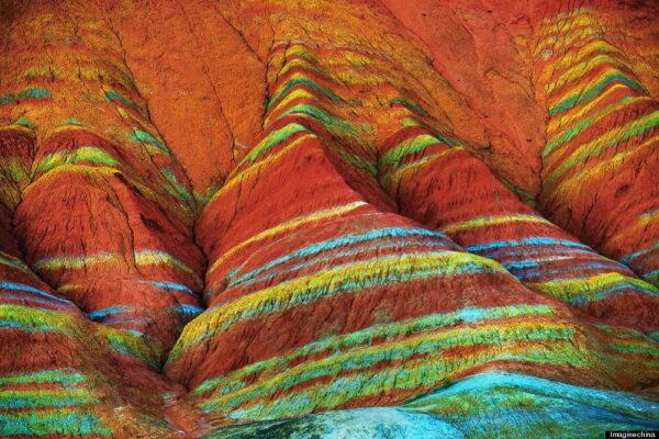 "View of colourful rock formations at the Zhangye Danxia Landform Geological Park in Gansu Province, China, 22 September 2012."
